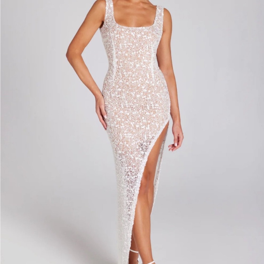 Elegant White Sequin Gown Nadine Merabi
